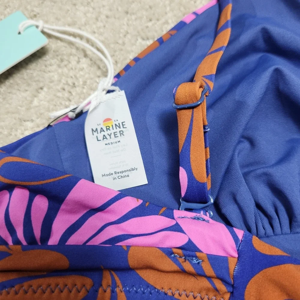 Marine Layer Plunge Bikini Top Women Medium Auburn Abstract Floral NEW Beach